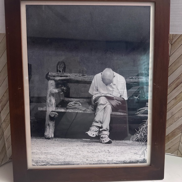 vintage lithograph print Elderly Man On A Bench Wood Framed 17X21 (sk)